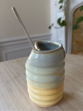 Handmade Studio Pottery Straw Cup Ceramic Tumbler Blue Cream Glaze